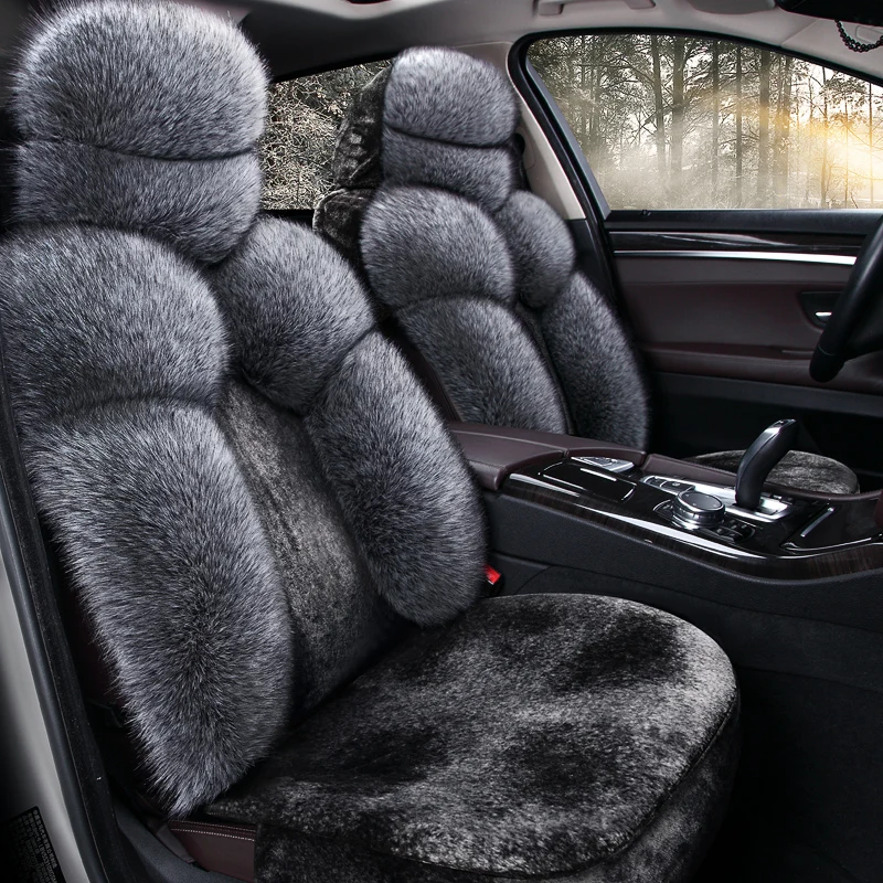 Universal Car Seat Covers For Sedan SUV Warmer Plush 5 Pieces Full Set For Front and Rear Seats Fur Cushion Mats Women Gray