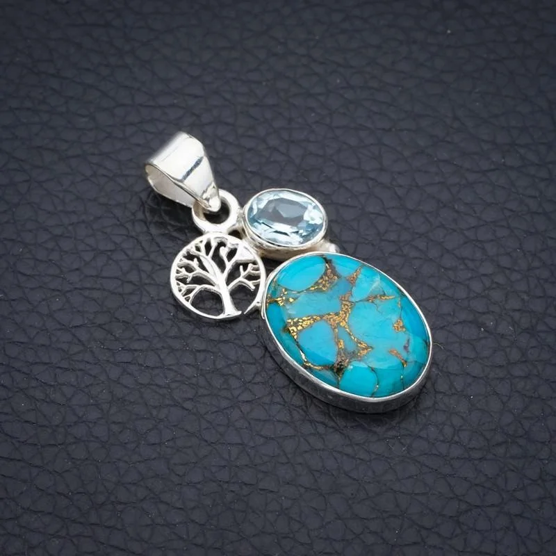 

StarGems Copper Turquoise Blue Topaz Tree Handmade 925 Sterling Silver Pendant 1.5" F3871