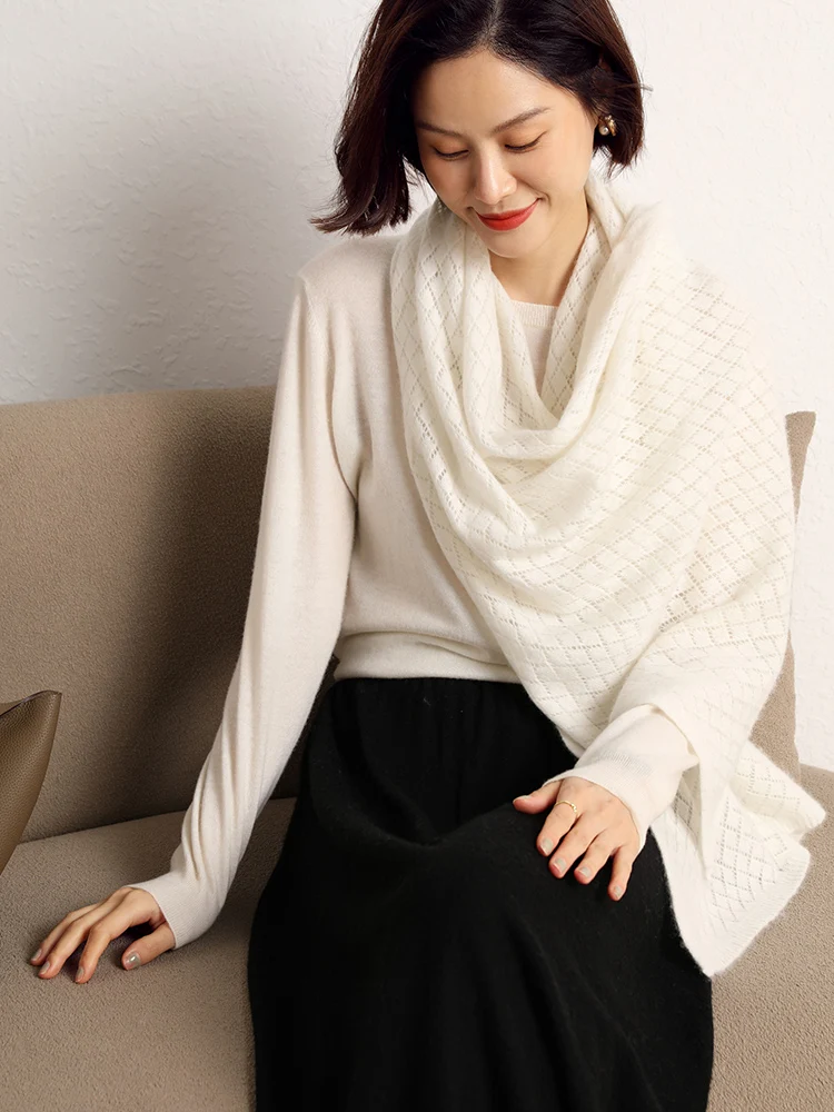 High-end 100% Cashmere Knitted Wraps For Women 2 Purposes Hollow Out Scarf Korea Fashion Pashmina Scarf Warm Soft Wollen Shawls