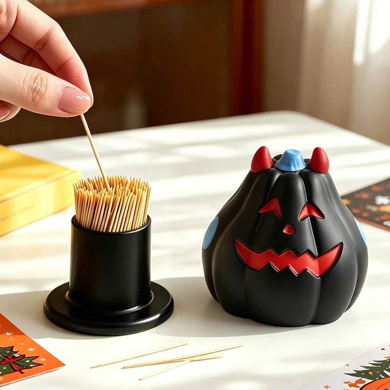 Double Sided Face Pumpkin Toothpick Holder Devil Horn Storage Jar Halloween Tabletop Ornament Dining Kitchen Desktop Decor Gift