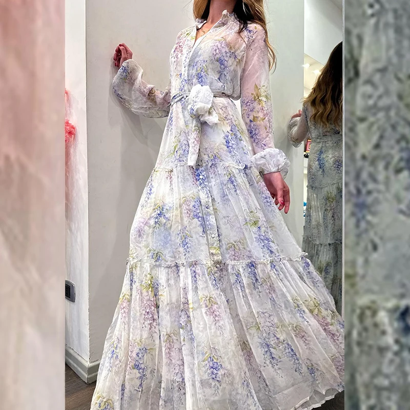 Women Fashion Floral Printed Chiffon Dress Sexy V-neck Long Sleeve Waist Party Dress Elegant Single-breasted Lace-up Long Dress