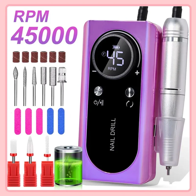 

45000RPM Nail Drill Machine Kit Rechargeable Electric Portable Nail Sander File for Gel Nails Polishing For Manicure Salon Home
