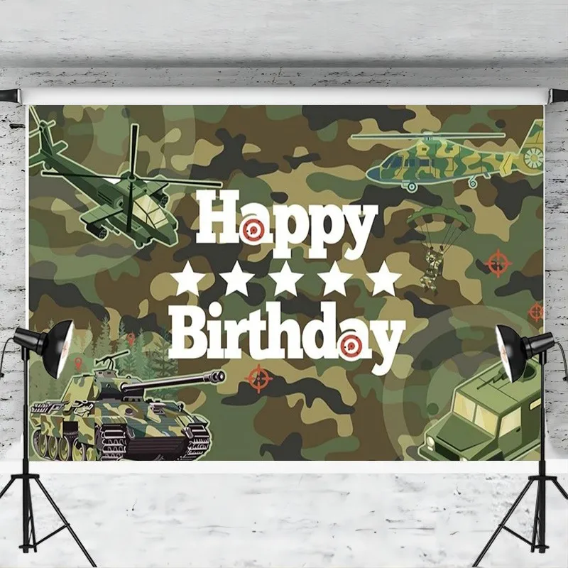 Camo Happy Birthday Backdrop Banner Camouflage Army Military Photography Background for Men Party Decoration Photo Booth Props