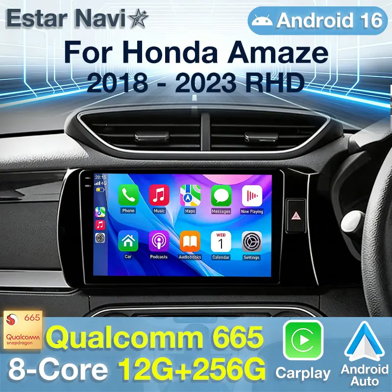 Radio Estéreo para Auto Android 16 con 8 Núcleos, QLED, 4G, DSP, RDS, FM, AM, para Honda Amaze 2018-2023, BRV 2022-2023, Volante a la Derecha, Carplay, Auto Navi, GPS