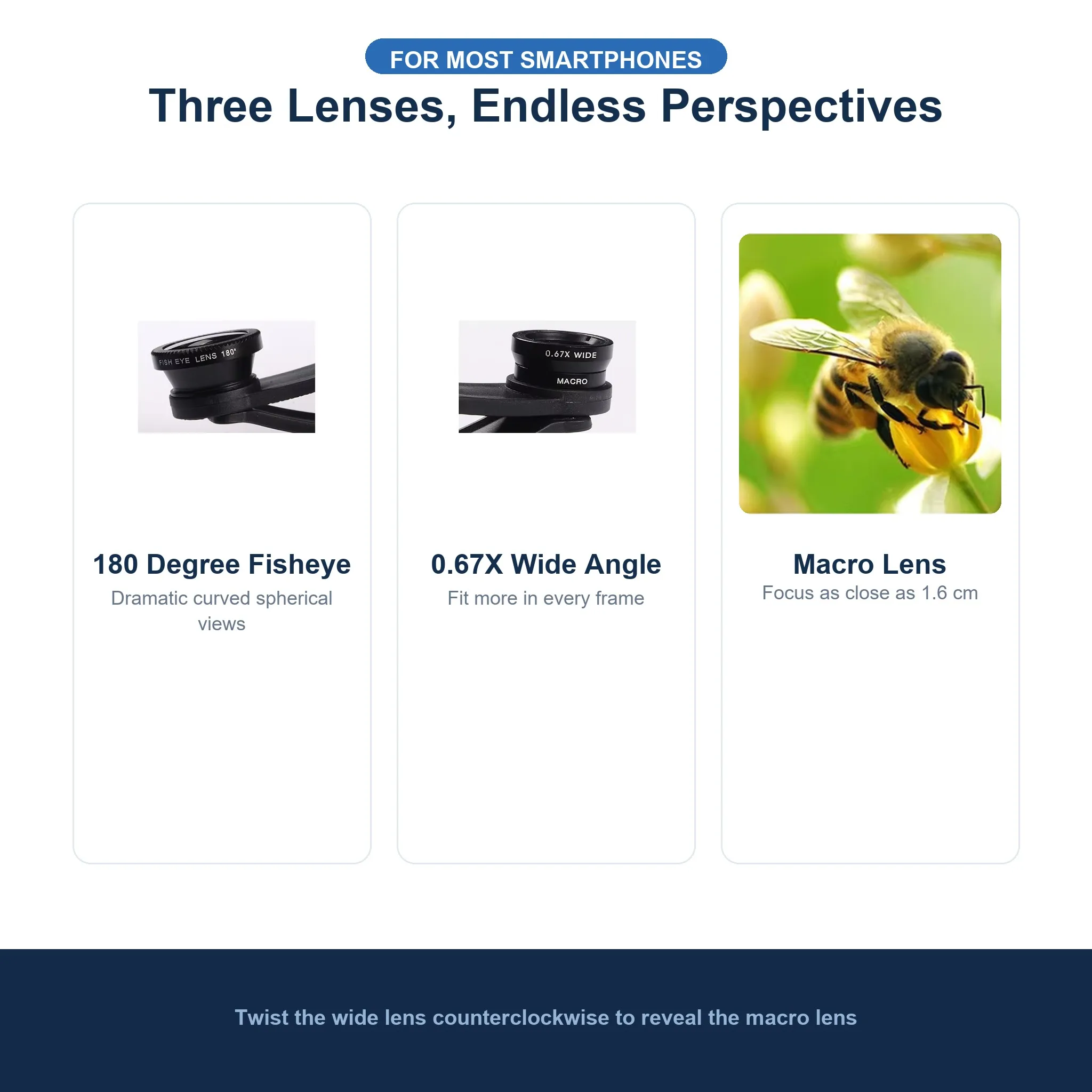 3 in 1 Phone Lens Kit 180 Degree Fisheye 0.67X Wide Angle Macro Clip on Camera Lens for iPhone Samsung Android Smartphone