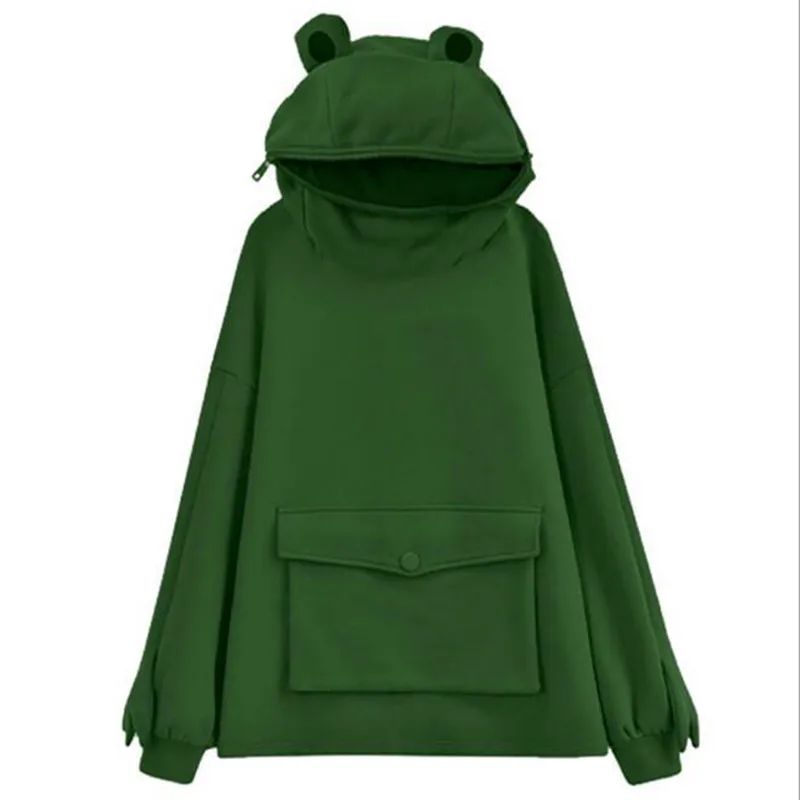 Women's Mid-length Design Frog Hooded Lazy Style Jacket Top