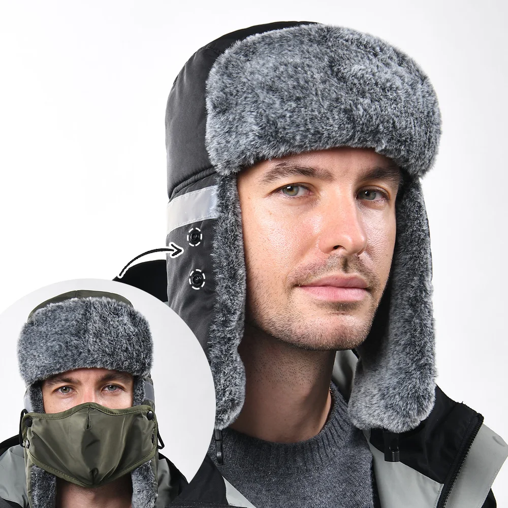 Men's Outdoor Fleece-Lined Thick Warm Reflective Strip Lei Feng Hat with Removable Mask Ear Flap Bomber Hat Winter Pilot Cap