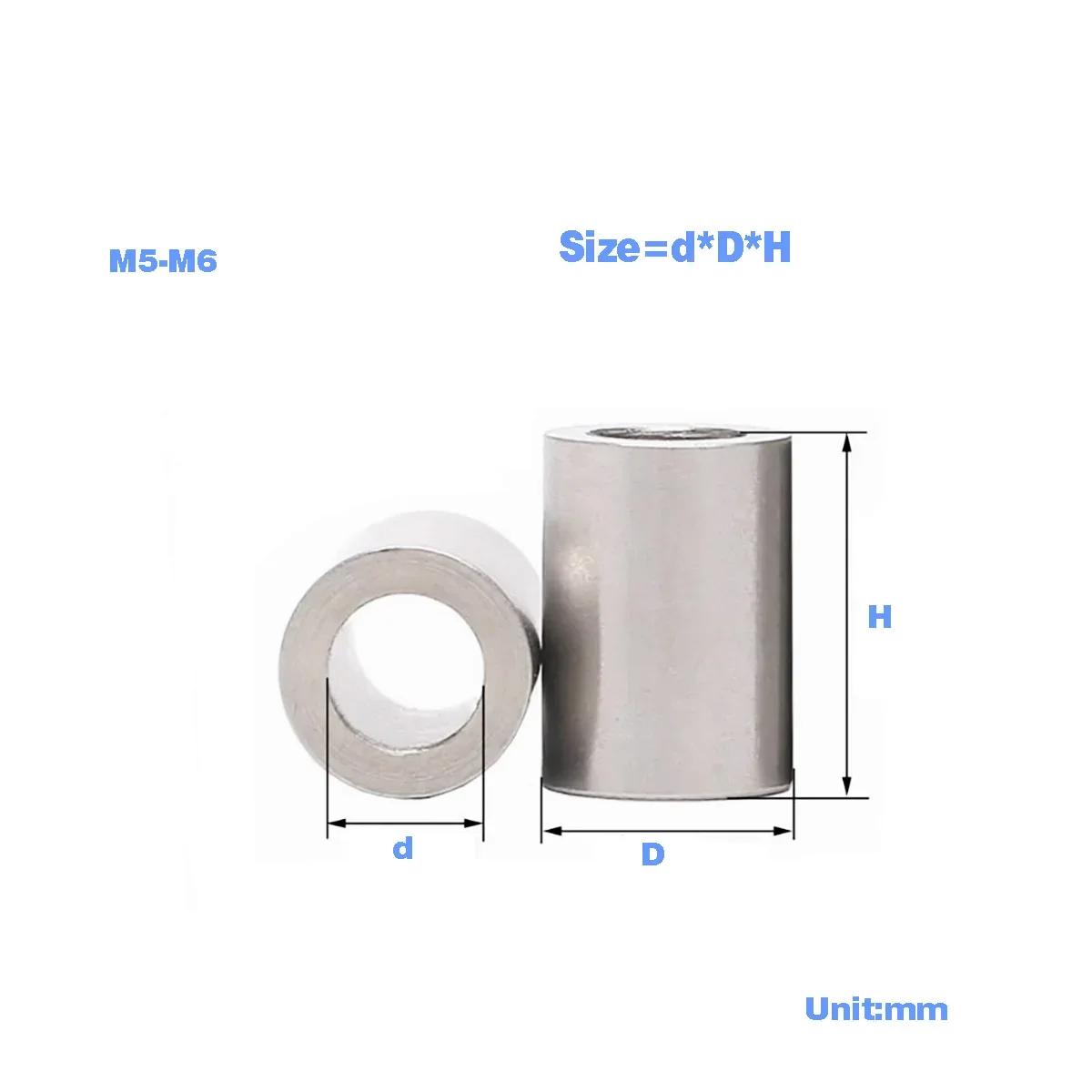 M5M6 304 Stainless Steel Elongated Cylindrical Steel Sleeve, Hollow Toothless Bushing M5M6