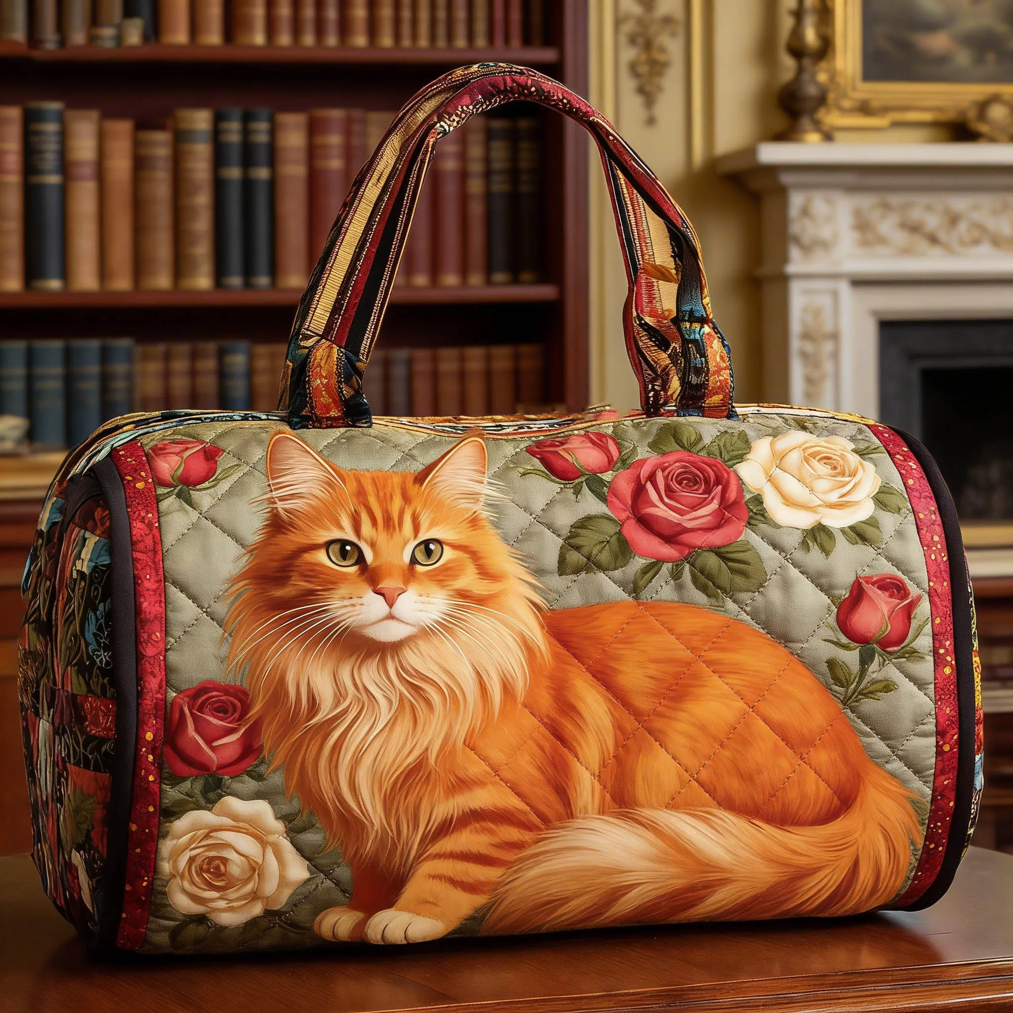

Vintage Cute Orange Cat Rose Quilted Duffle Bag Lovely Weekender Travel Handbag for Cat Lovers Overnight Shopping Trip