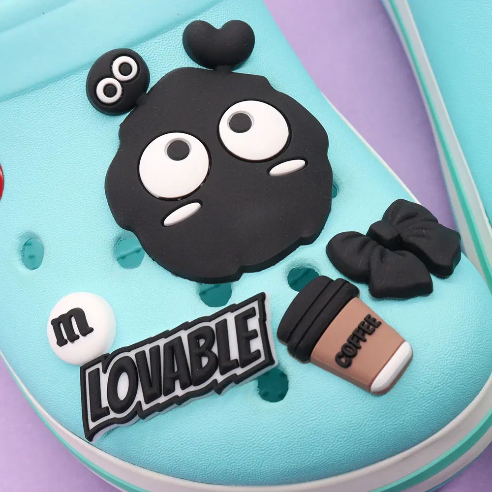 1-13Pcs PVC Black Series Lovable Styles Kids Shoes Buckle Decorations Coffee With You Phone Case Slippers Charms