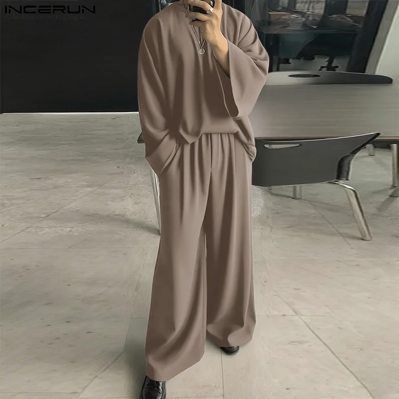 

INCERUN Men Sets Solid Color O-neck Long Sleeve T Shirt & Pants Two Pieces Sets Streetwear Loose Fashion Casual Men Suits S-5XL