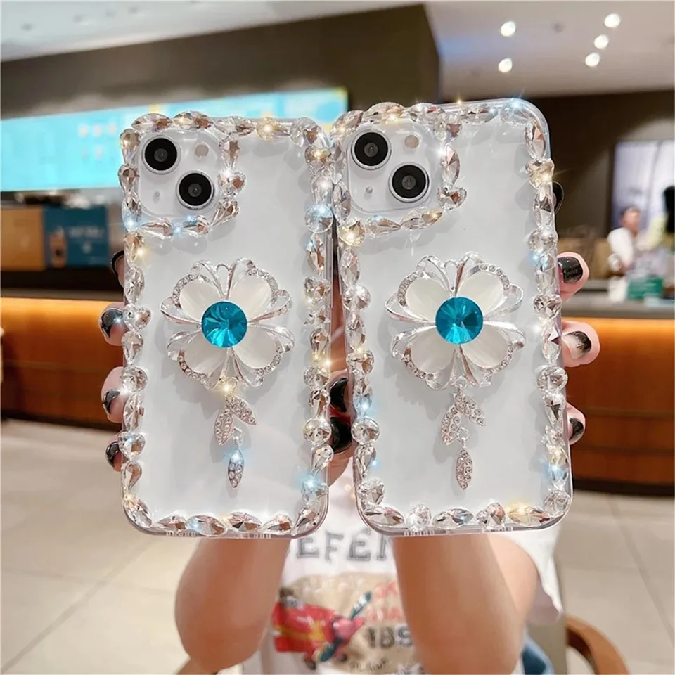 Luxury 3D Flower Diamond Glitter Transparent Cute Phone Case For iphone 14 13 12 11 Pro Max XS XR 7 8 Plus SE3 MiNi Soft Funda