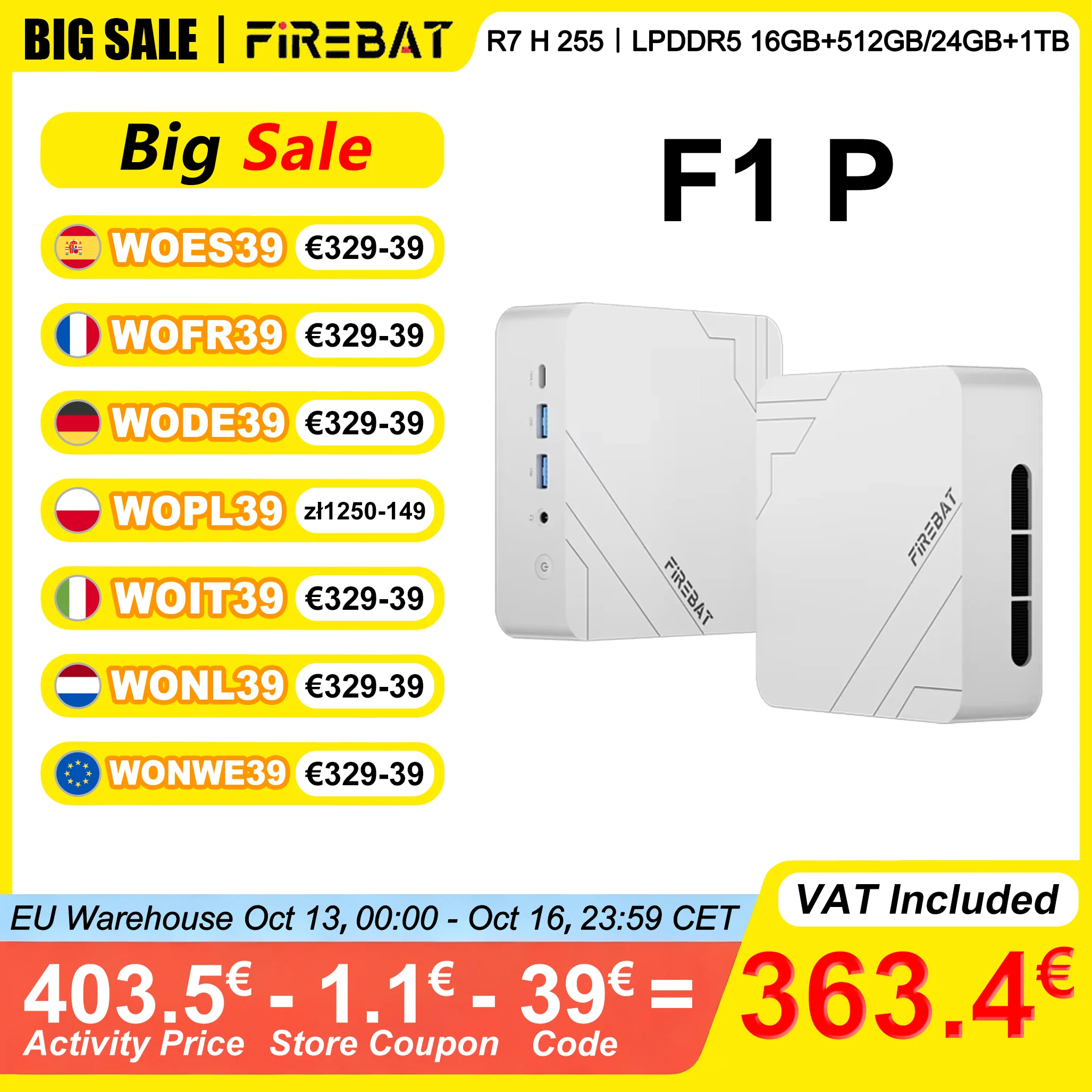 FIREBAT F1 P Mini PC 16GB/24GB LPDDR5 5600MHz 512GB/1TB SSD AMD Ryzen 7 H 255 Win11 Pro Wi-Fi 6 BT5.2 USB4.0 Gaming Desktop Mini Komputer do gier