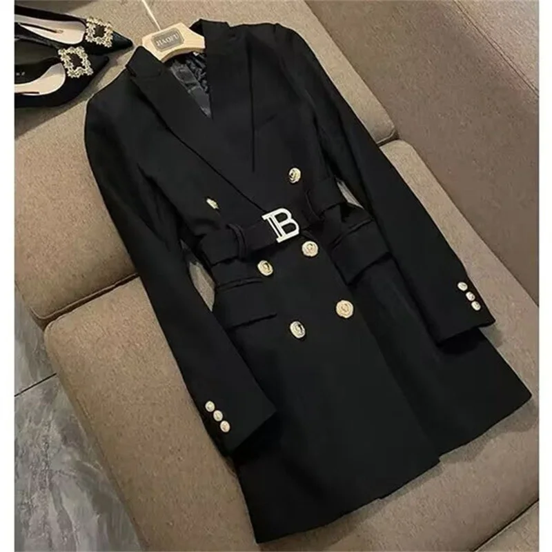 Elegant British Style Women's Long Suit Jacket Mid-Length Single Button Spring Autumn Fashionable Streetwear Polyester