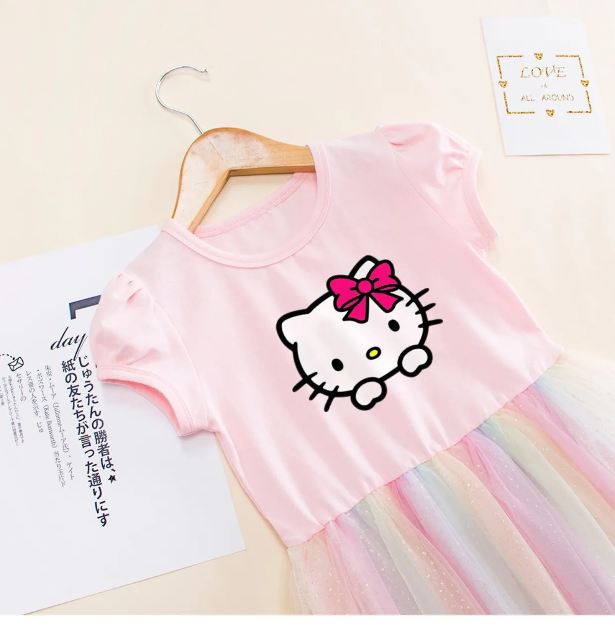 Summer Baby Girls Dress Cute Kid Sanrio Hello Kitty Rainbow Mesh Princess Party Costume Vestidos Children Short-Sleeved Clothing