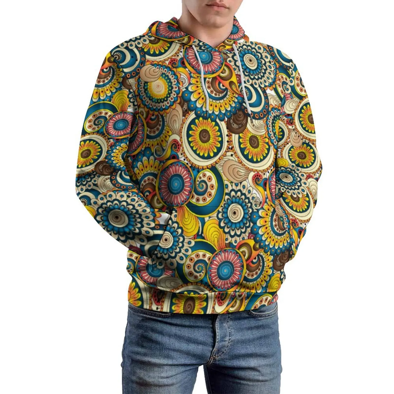 Multi Sunflower Loose Hoodies Abstract Swirl Artsy Pullover Hoodie Men Long-Sleeve Oversize Street Style Hooded Sweatshirts