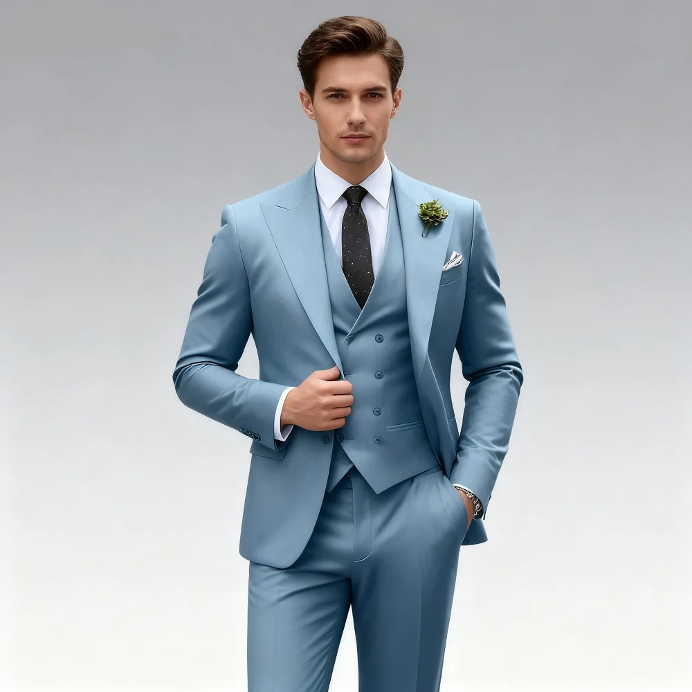 

Novo Beige Business Smoking 3-Piece Male Terno Unique Breasted Wedding Groomsmen Formal Suit Jacket Vest Pants Set