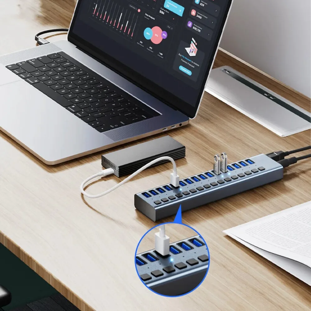

Концентратор USB 3.1, 16 портов промышленного класса — рассеивание тепла из алюминиевого сплава, зарядка BC1.2, адаптер 90 Вт, индивидуальные переключатели включения/выключения