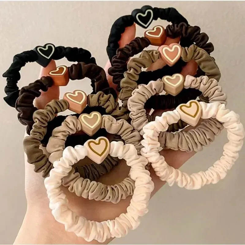 10PCS New Coffee Color Love Pendent Hair Tie, Girl Cute Bowknot Hair Tie Elastic Rubber Hair Bands Hair Accessories For Women