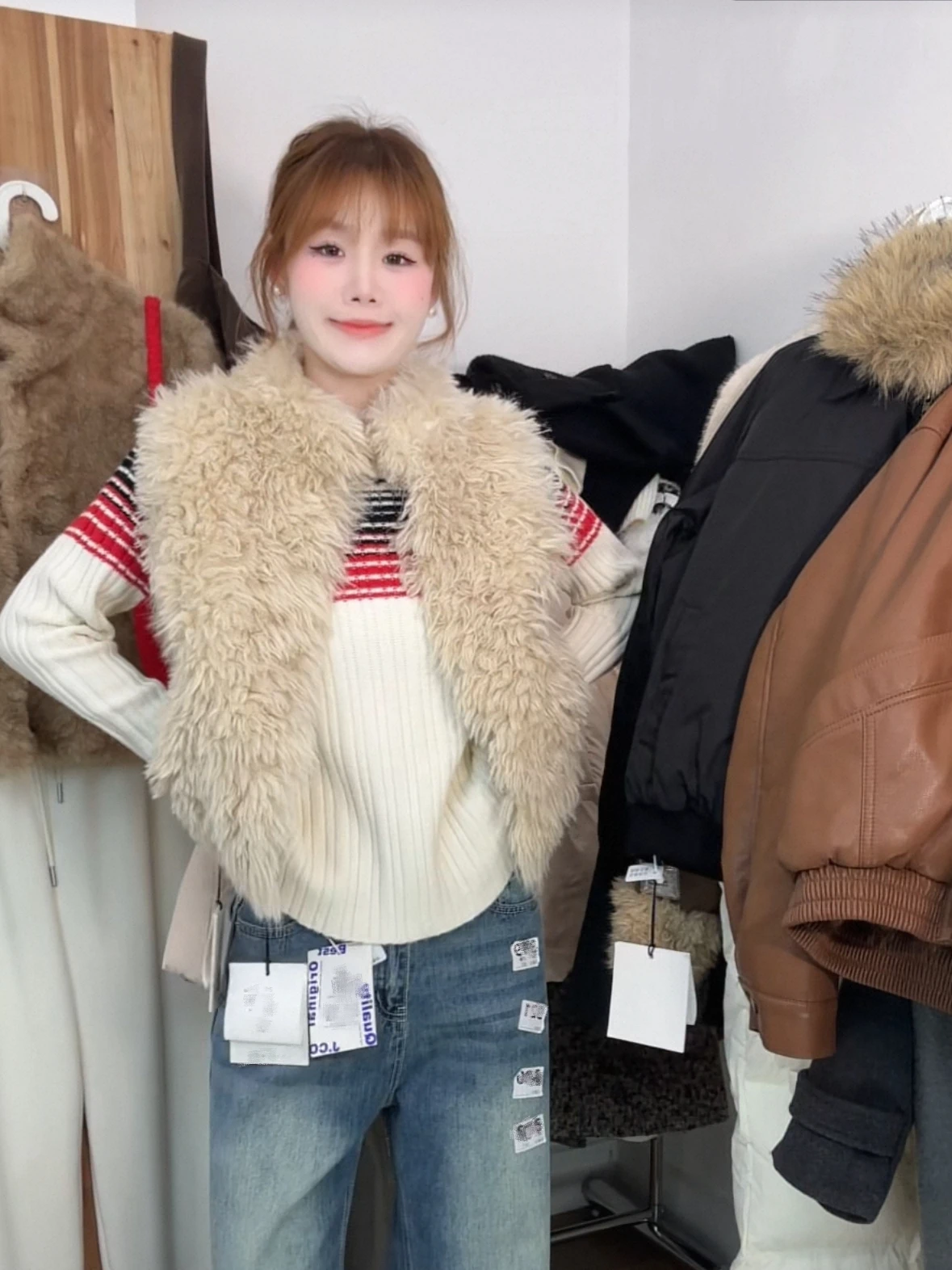 

Eco-Friendly Baas Milk Fce Women's Autumn Winter Lamb Fur Jaet Korean Sle Warm Outerwear Vest Casual Loose Fit