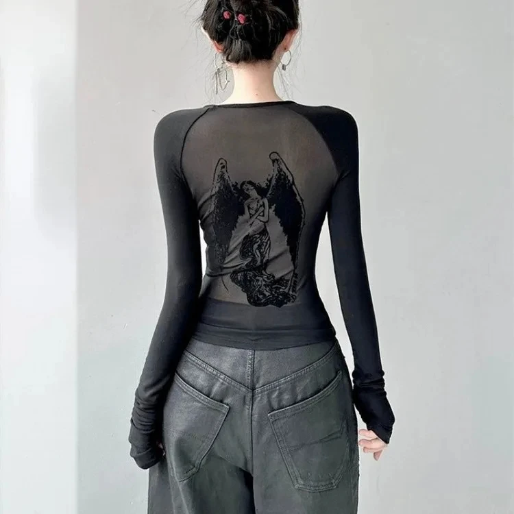 

Black Retro Angel Print T-shirt for Women 2024 Autumn Fashion Slim Fit Tee Shirt Y2k E-Girl Long Sleeve Bottoming Tops Mujer