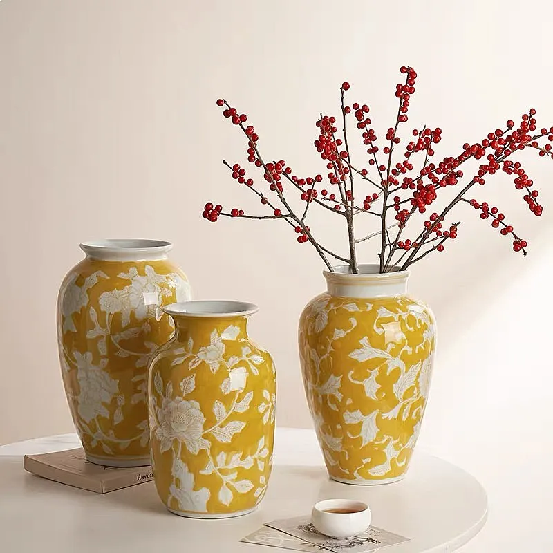 Ceramic Vase Chinese-style Retro Bottle Yellow Blue and White Porcelain Flowerpot Flower Vase Home