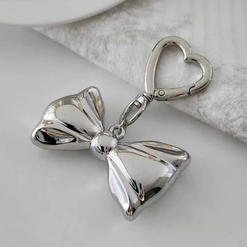 Silver Ins Style Bowknot Beaded Key Chain Three-dimensional Bow Tie Phone Pendant Headphone Case Charm Car Key Ring Bag Decor