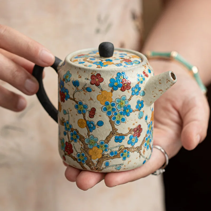 Retro Chinese Ceramic Single Teapot Fire‑Red Golden Plum Pattern Ball Infuser Household Kung Fu Teapot For Guest Reception