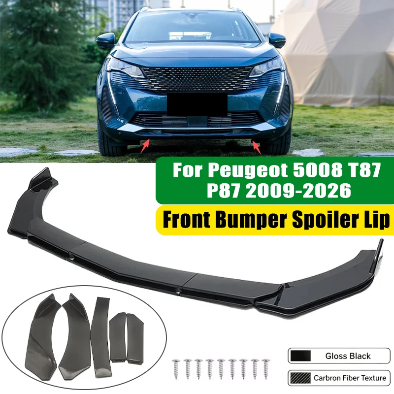 For Peugeot 5008 T87 P87 2009-2026 5Pcs ABS Car Front Bumper Lip Spoiler Splitter Body Kit Canard Tuning Accessories