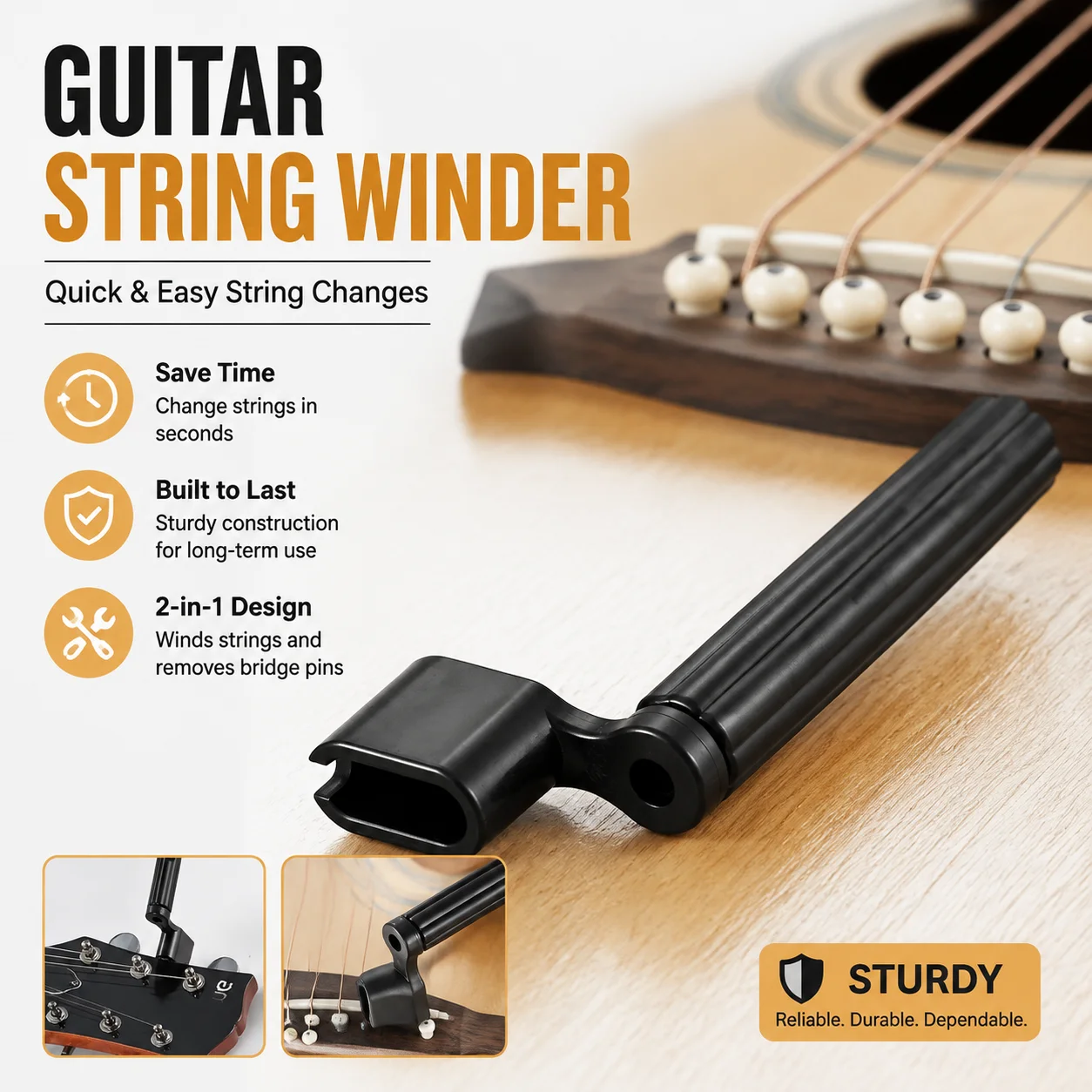 Guitar String Winder Tool, Acoustic Guitar Bridge Pin Puller String Remover, Quick String Changing Accessory, Sturdy