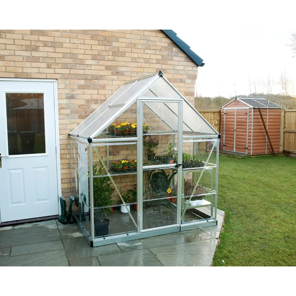 6' X 4' Greenhouse  Twin-wall Polycarbonate Roof Panels Oxidation Resistant Powder Coated Aluminum Frame - Silver