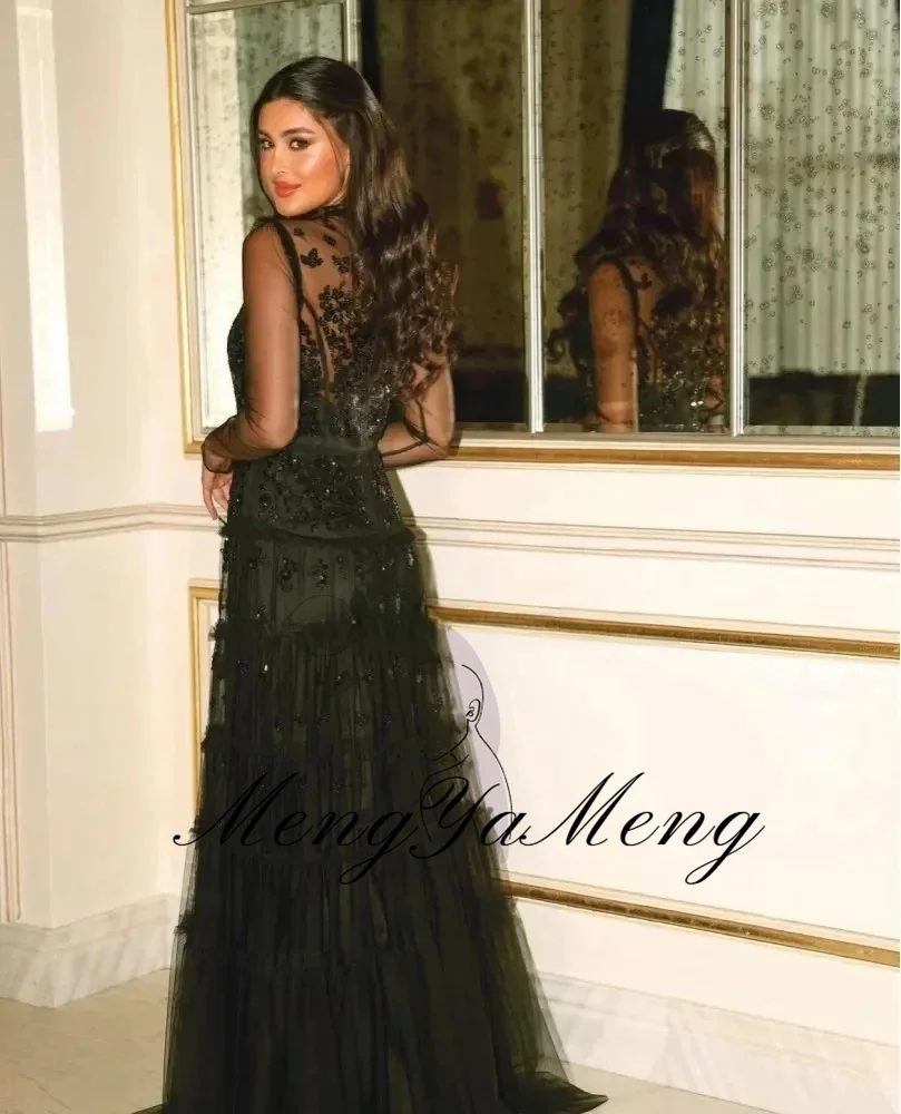 ZHUISHU Fashion Black O-Neck Evening Dresses A-Line Long Sleeves Applique Sequins Long Prom Party Dresses Customized