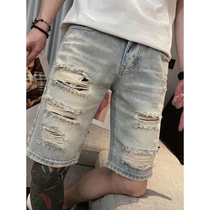 Ruffian Handsome Guy Ripped Denim Shorts Men's Casual Beggar 2025 Summer Thin Men's Jean Shorts Men's Distressed Medium Pants