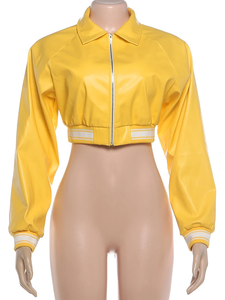 Kliou PU-Lederjacke für Damen, Herbsttrend, Reißverschluss-Cardigan, lange Ärmel, Buchstabendruck, bauchfrei, angesagter High-Street-Stil. – Detail 3