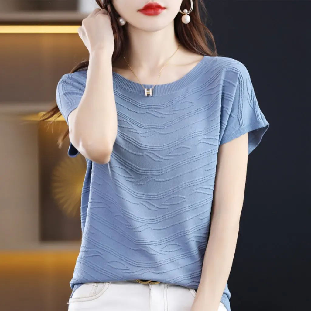 

Women's Short-Sleeved T-shirt Loose Elegant Quzhu Knitted Top for Spring And Summer New Style Base Layer Half-Sleeved