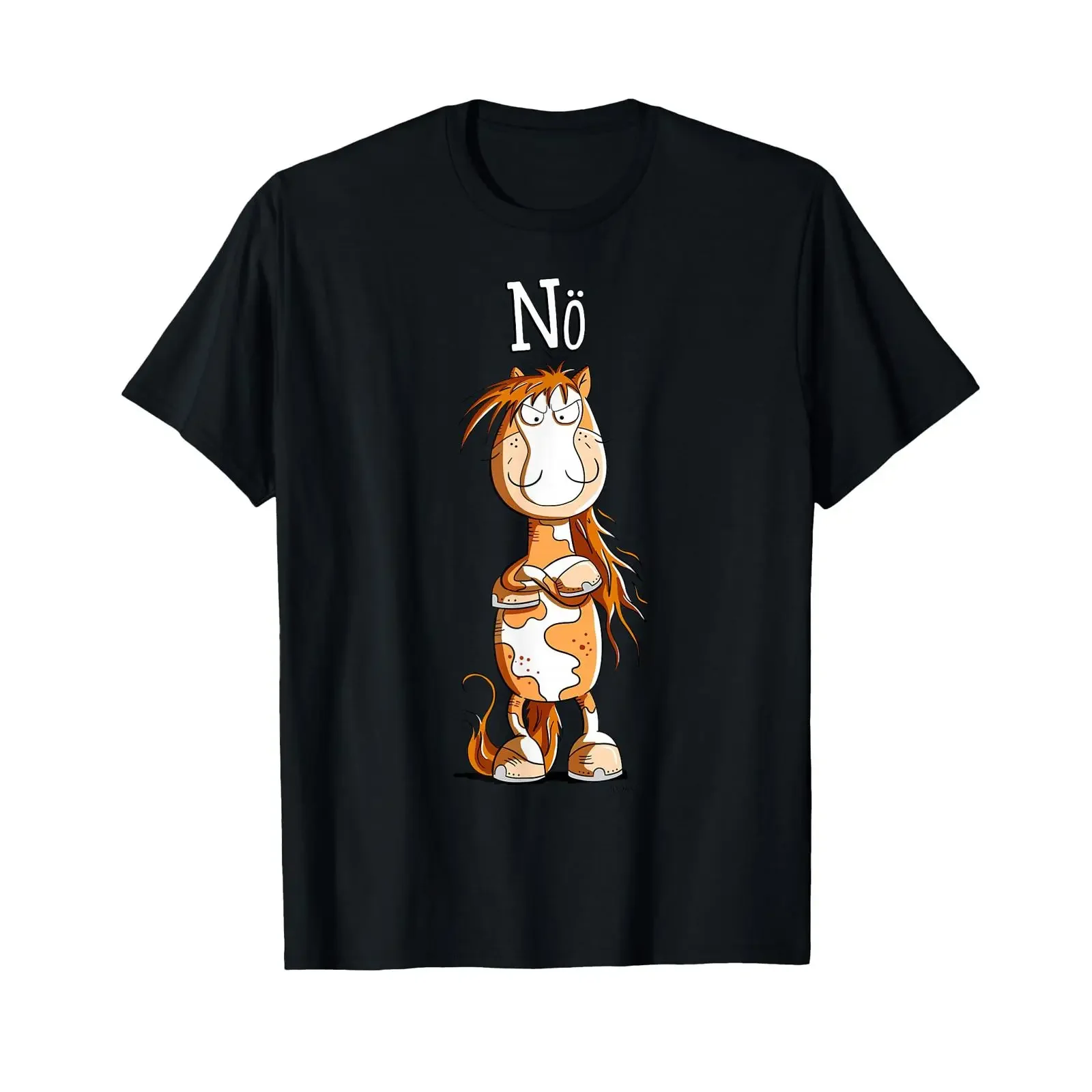 T-shirt noir décontracté pour les amoureux, avec citation de cheval de dessin animé 'Nö' (drôle et têtu), style vintage, streetwear délavé, graphique unisexe extensible