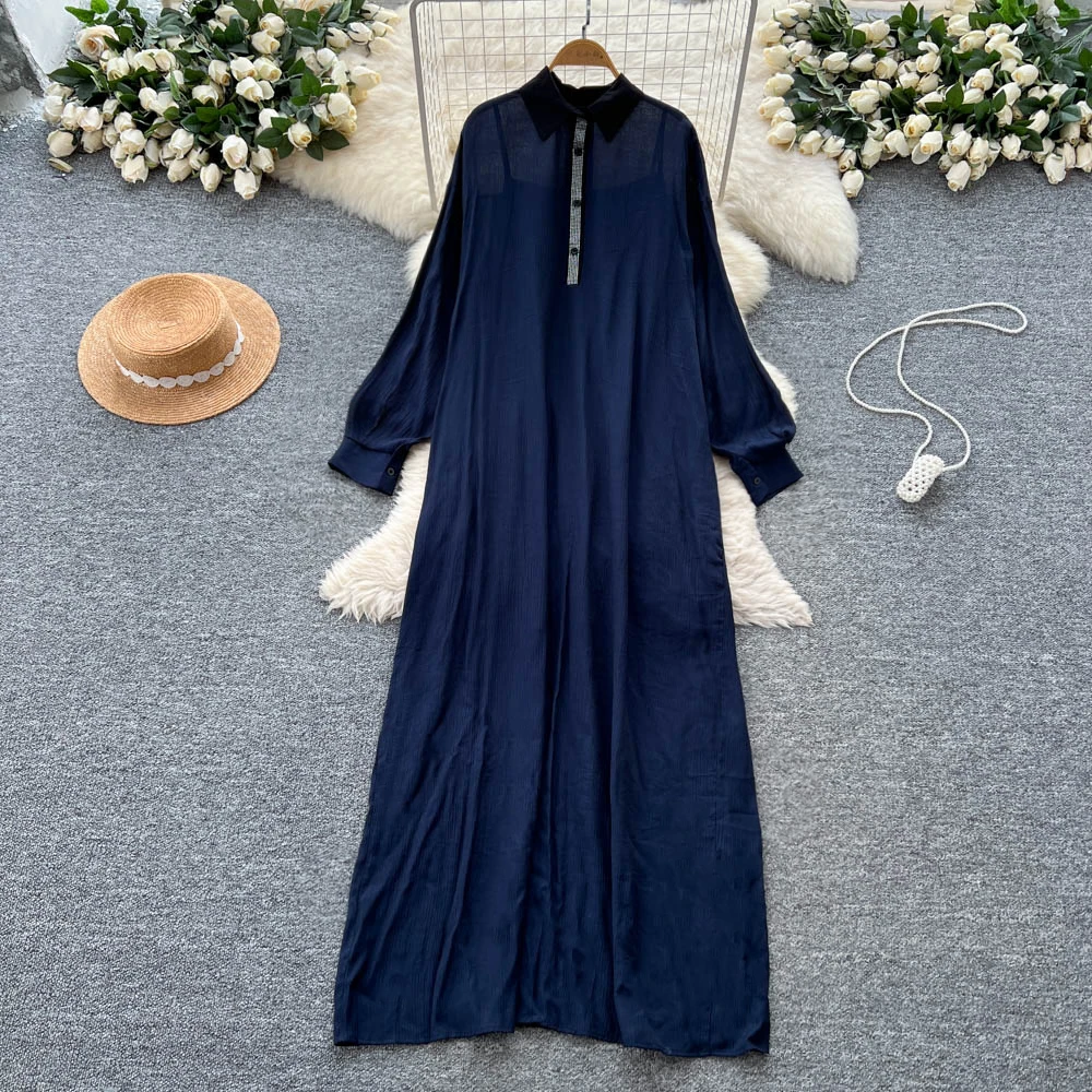 Chic vintage Polo-Neck long sleeve rhinestone solid Elegant Fairy korean fashion Boho Sundress women clothing Long dress