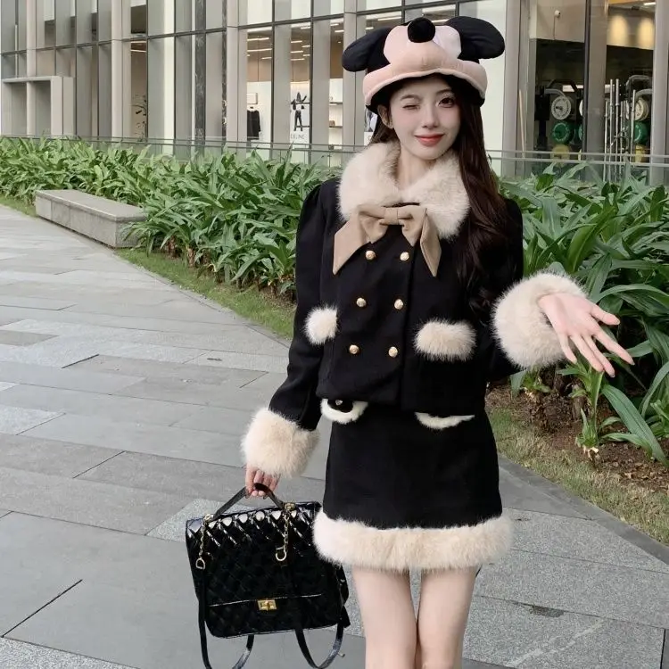 

Korean Two-Piece Double-Breasted Woolen Long-Sleeved Coat Short High-Waisted A-Line Skirt Women 2024 Autumn Winter New Set