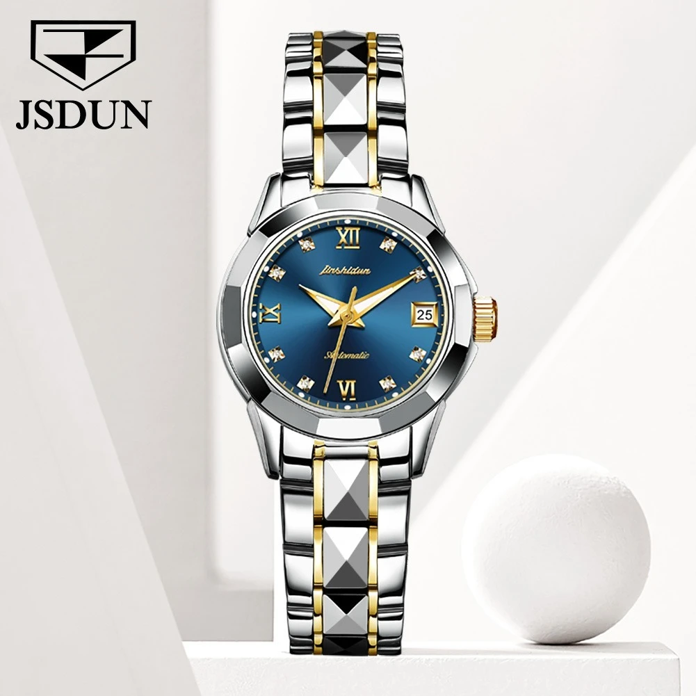 

JSDUN 8813 Business Mechanical Watch Gift Round-dial Tungsten Steel Watchband Week Display Calendar