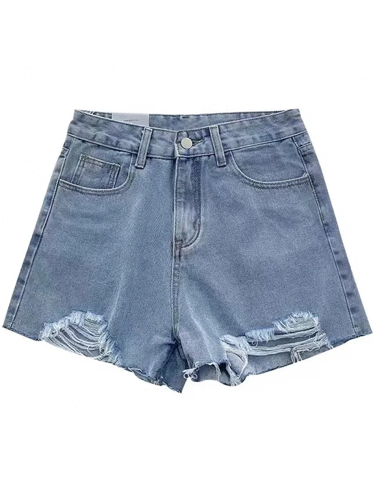 Letnie damskie luźne wyszczuplające szerokie spodenki z wysokim stanem, modne podarte i postrzępione jeansy, koreański styl, do pracy, w stylu wind.
