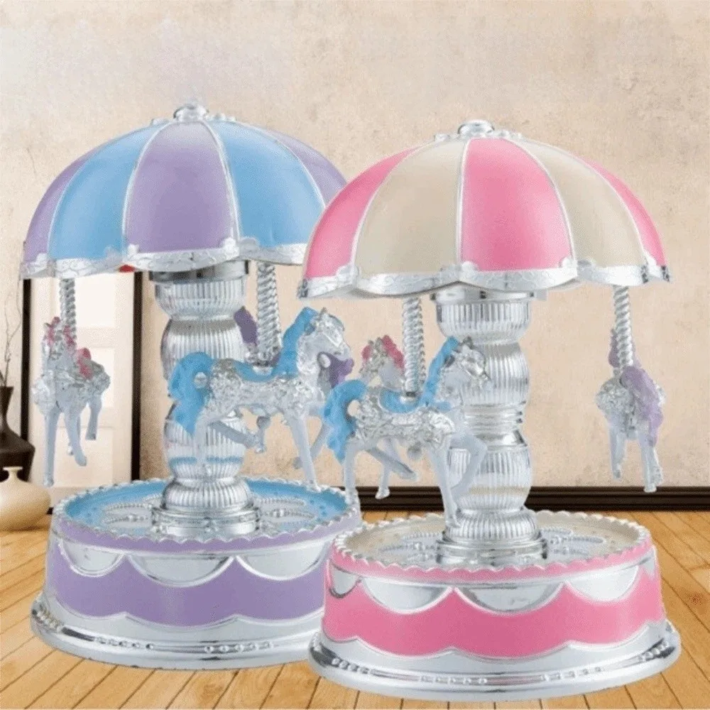 Creative Exquisite Carousel Music Box Cartoon Luminous Carousel Ornaments Colored Lights Plastic Horse Music Box Birthday Gifts