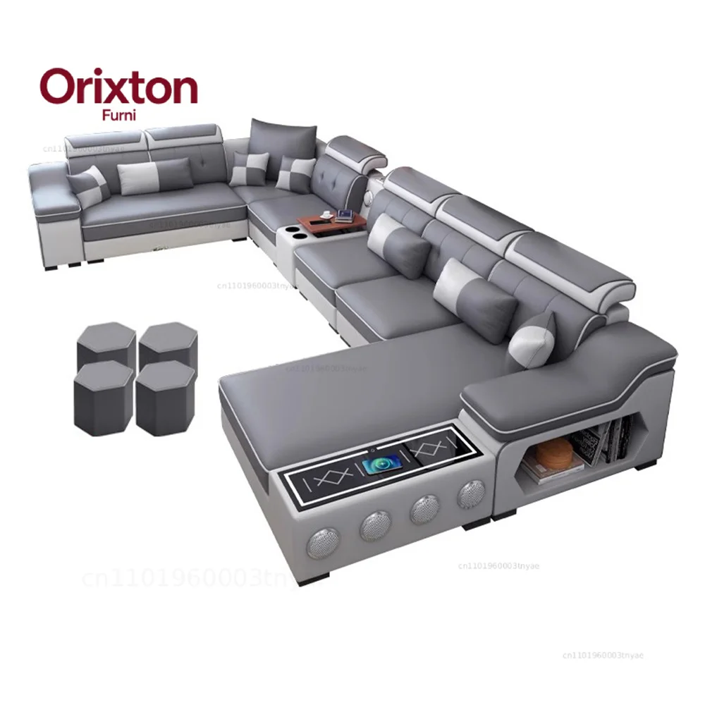 Linlamlim Modern Scientific Fabric Sectional Sofa Set with Chaise Lounge, Bluetooth Speakers, USB Charging Ports for Living Room