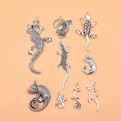 9pcs/lot Antique Silver Color Lizard Gecko Chameleon Charms Collection For Jewelry Making Accessories