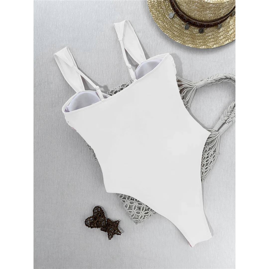 Neuer U-Ausschnitt, geraffter, weißer, einteiliger Badeanzug für Damen, Badebekleidung, hoch geschnittene Beine, Monokini, gepolsterter Badeanzug, Badebekleidung, Schwimmanzug V8388 – Detail 9