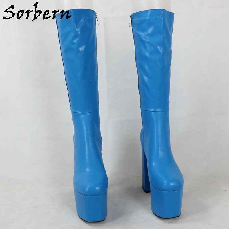 Sorbern Blue Matte Knee High Boots Women Block High Heel Thick Platform Shoes Unisex Style Custom Wide Or Slim Fit Legs