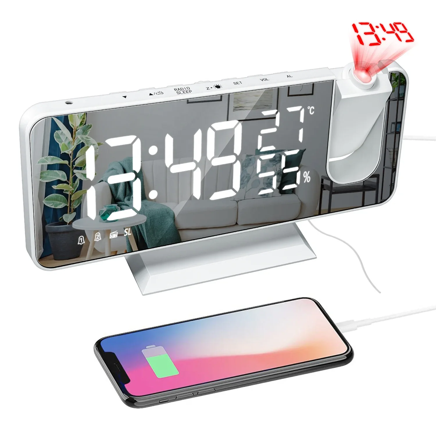 LED Digital Mirror Projection Alarm Clock Home FM Radio Thermometer Hygrometer USB Wake Up Watch 180° Projector Time Snooze Gift