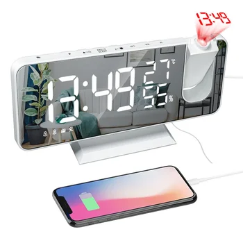 LED Digital Mirror Projection นาฬิกาปลุกบ้านวิทยุ FM เครื่องวัดอุณหภูมิเครื่องวัดความชื้น USB Wake Up Watch 180 °   ของขวัญเลื่อนเวลาโปรเจคเตอร์