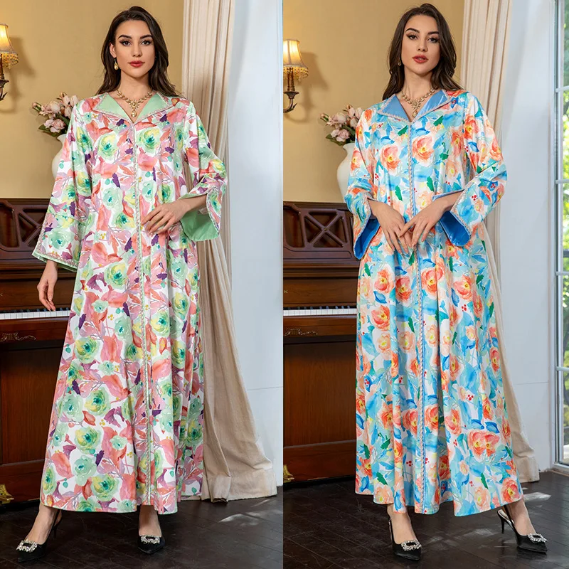 Eid Dress Flower Printed Muslim Women Caftan Kaftan Dress Jalabiya Abaya Rhinestone Beaded Floral Modest Muslim Moroccan Kaftan