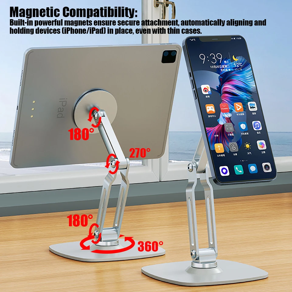 

2in1 Alloy Desktop Magnetic Tablet Phone Stand Foldable Three Axis Support 360 Rotation Universal Compatible with Phone & Ipad