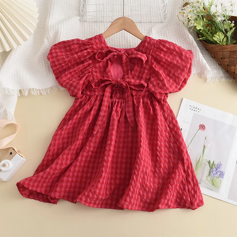 Schleifendekoration Kurzärmeliges Prinzessinnen-Mädchenkleid Modische Neue Sommerkleider Karierter Druck Geburtstagsparty Kinderkleidung